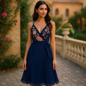 NWOT ASOS Navy Blue Floral Embroidered Pleated Wrap Dress Size 4P